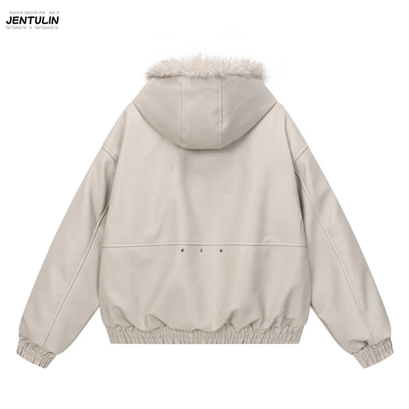 Male Jacket Padded Jackets Zipper Hooded Faux Fur PU Leather Thick Pockets Stylish Cotton Coats Y2K Winter Men Clothng Keep Warm