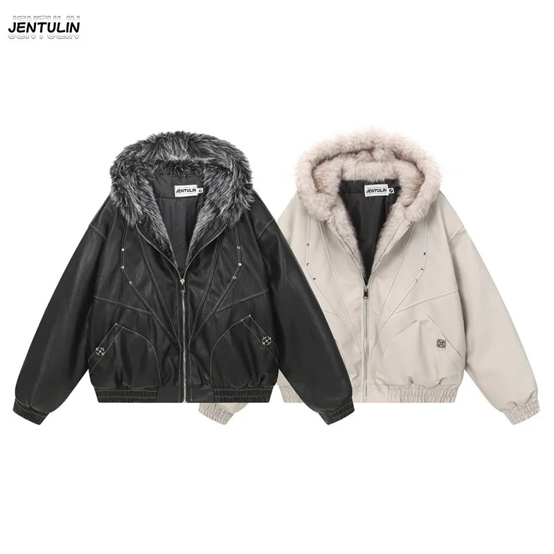 Male Jacket Padded Jackets Zipper Hooded Faux Fur PU Leather Thick Pockets Stylish Cotton Coats Y2K Winter Men Clothng Keep Warm