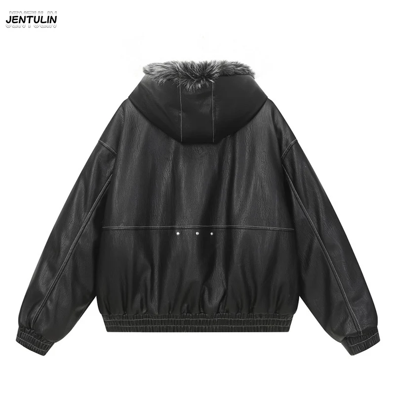 Male Jacket Padded Jackets Zipper Hooded Faux Fur PU Leather Thick Pockets Stylish Cotton Coats Y2K Winter Men Clothng Keep Warm