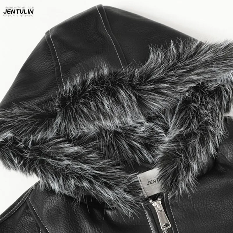 Male Jacket Padded Jackets Zipper Hooded Faux Fur PU Leather Thick Pockets Stylish Cotton Coats Y2K Winter Men Clothng Keep Warm