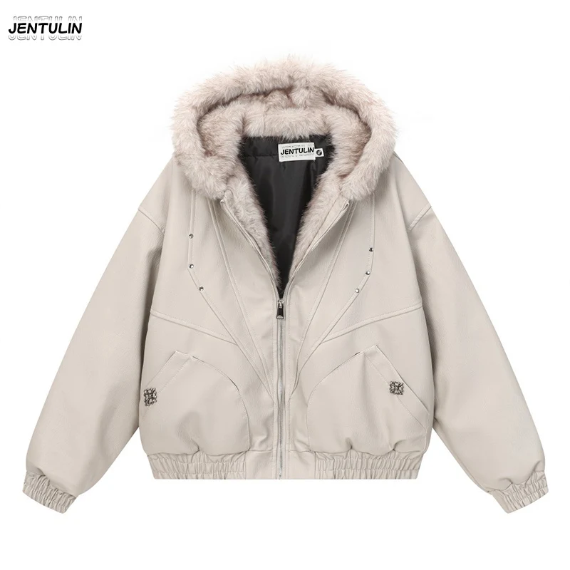 Male Jacket Padded Jackets Zipper Hooded Faux Fur PU Leather Thick Pockets Stylish Cotton Coats Y2K Winter Men Clothng Keep Warm