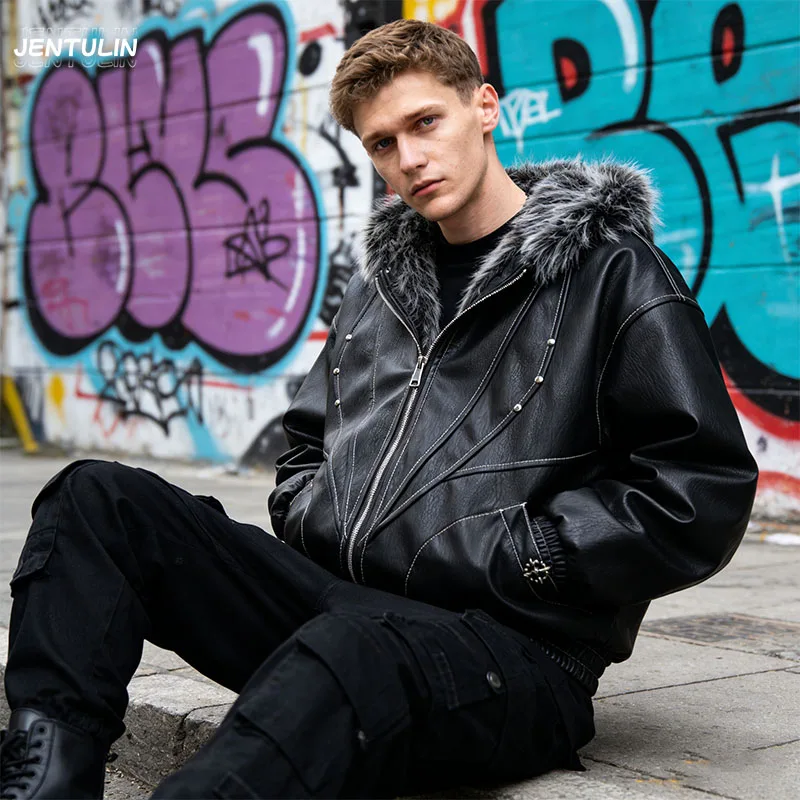 Male Jacket Padded Jackets Zipper Hooded Faux Fur PU Leather Thick Pockets Stylish Cotton Coats Y2K Winter Men Clothng Keep Warm