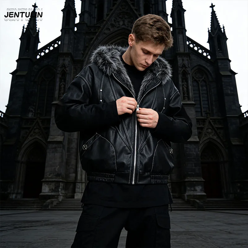 Male Jacket Padded Jackets Zipper Hooded Faux Fur PU Leather Thick Pockets Stylish Cotton Coats Y2K Winter Men Clothng Keep Warm