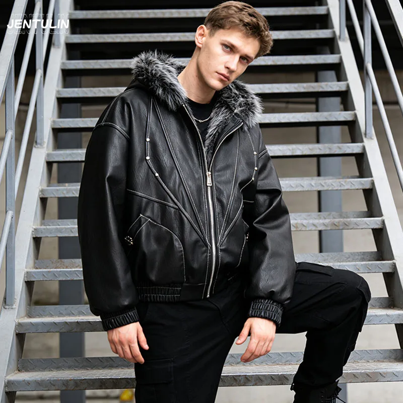 Male Jacket Padded Jackets Zipper Hooded Faux Fur PU Leather Thick Pockets Stylish Cotton Coats Y2K Winter Men Clothng Keep Warm