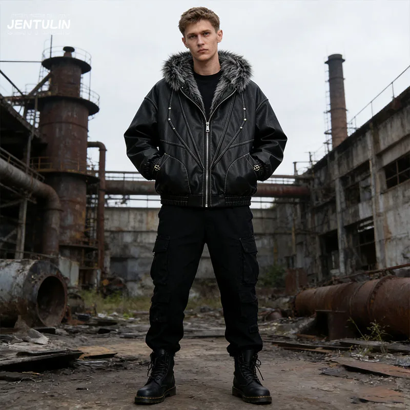 Male Jacket Padded Jackets Zipper Hooded Faux Fur PU Leather Thick Pockets Stylish Cotton Coats Y2K Winter Men Clothng Keep Warm