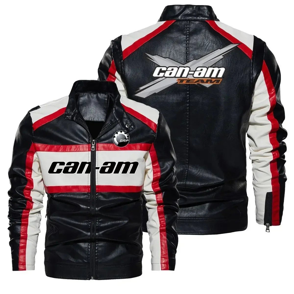 New can-am Contrast PU Leather Jacket Men's Autumn Winter Men High Quality Coat Motorcycle Style Casual Jackets Black Warm