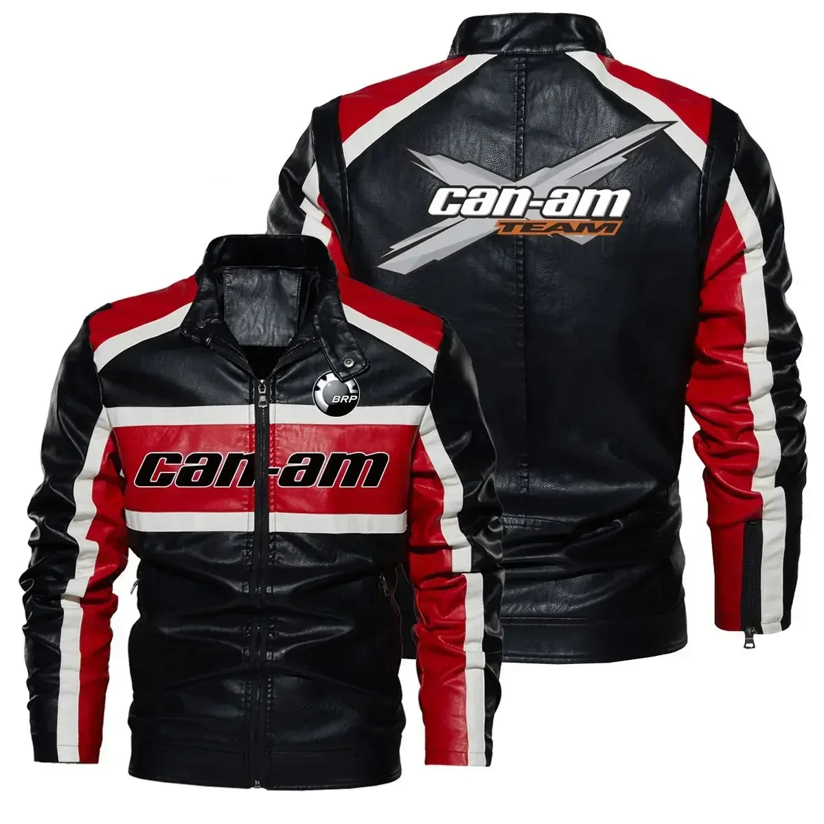 New can-am Contrast PU Leather Jacket Men's Autumn Winter Men High Quality Coat Motorcycle Style Casual Jackets Black Warm