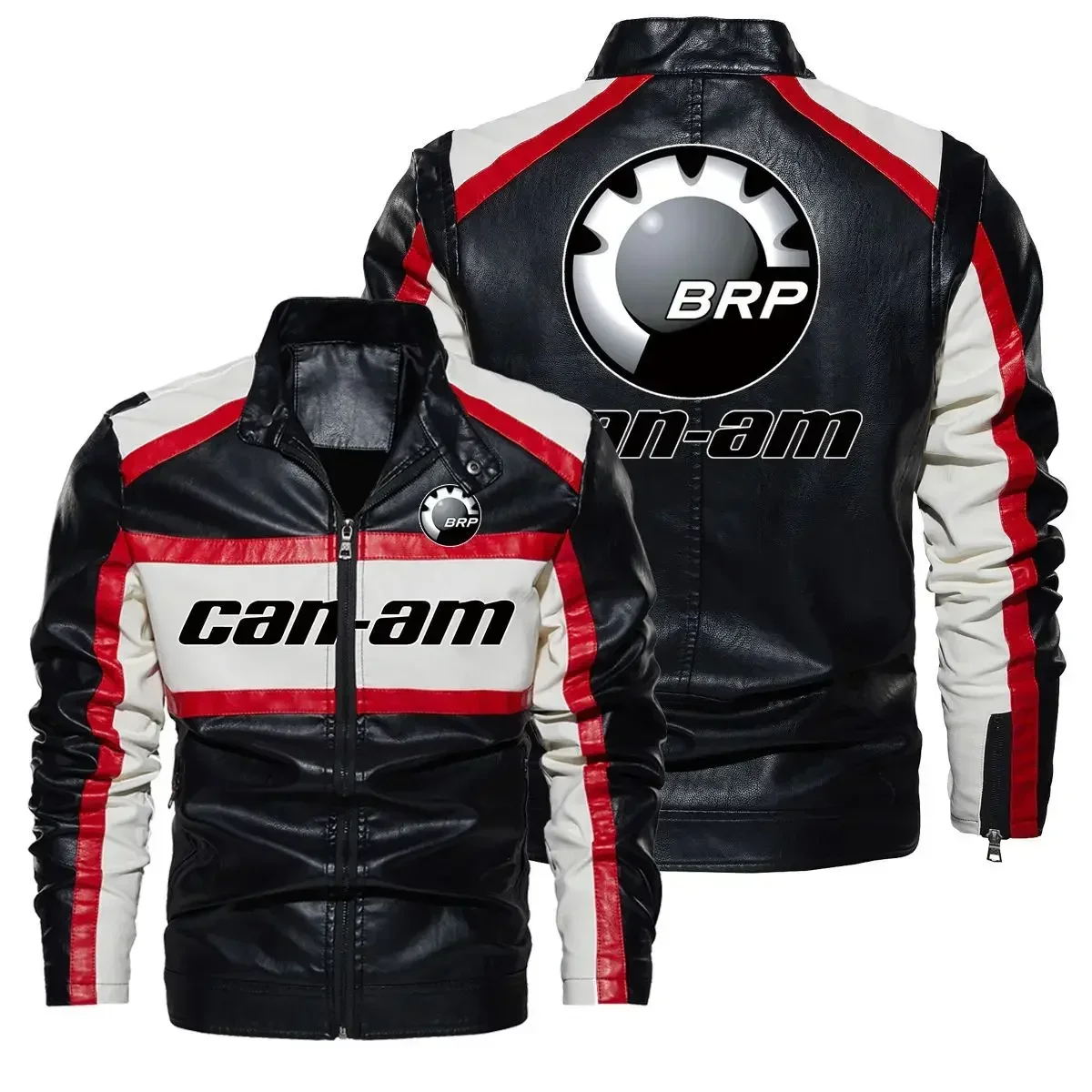 New can-am Contrast PU Leather Jacket Men's Autumn Winter Men High Quality Coat Motorcycle Style Casual Jackets Black Warm