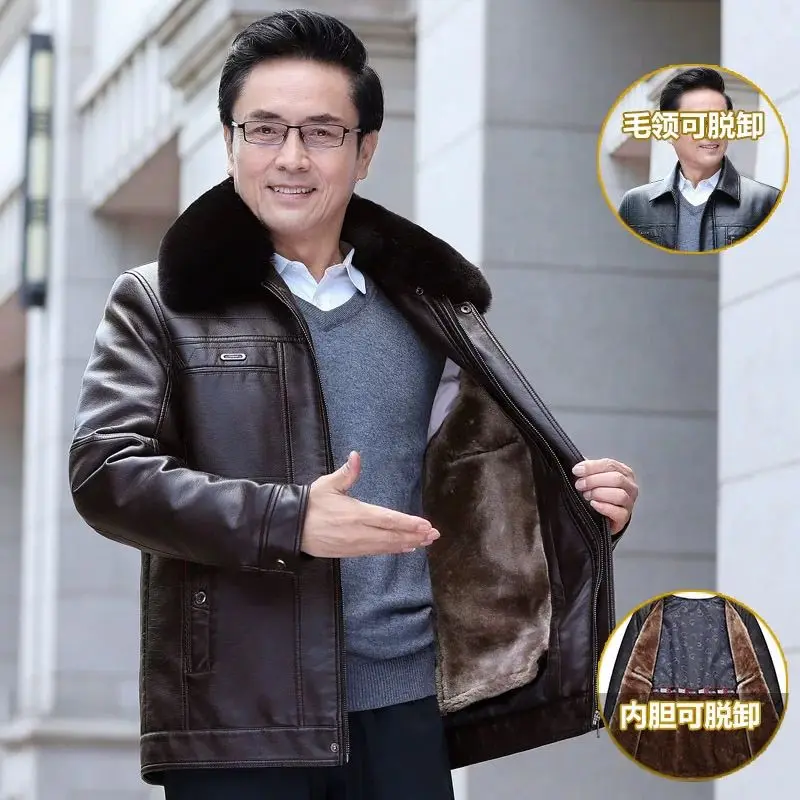 Natural Leather Jacket For Men Fur Thick Loose Plus Velvet Winter Black Leather Coats Male Sheepskin Coat Man With Fur Collar
