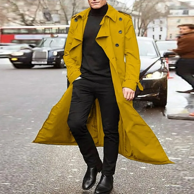 KIDWHXR Autumn Men Trench Coat Turn Down Collar Male Overcoat Simple Solid Mid Length Long Sleeve Man Windbreak Outerwear