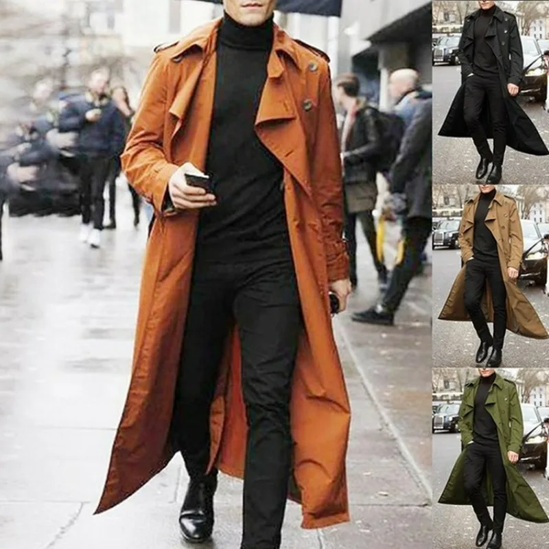 KIDWHXR Autumn Men Trench Coat Turn Down Collar Male Overcoat Simple Solid Mid Length Long Sleeve Man Windbreak Outerwear