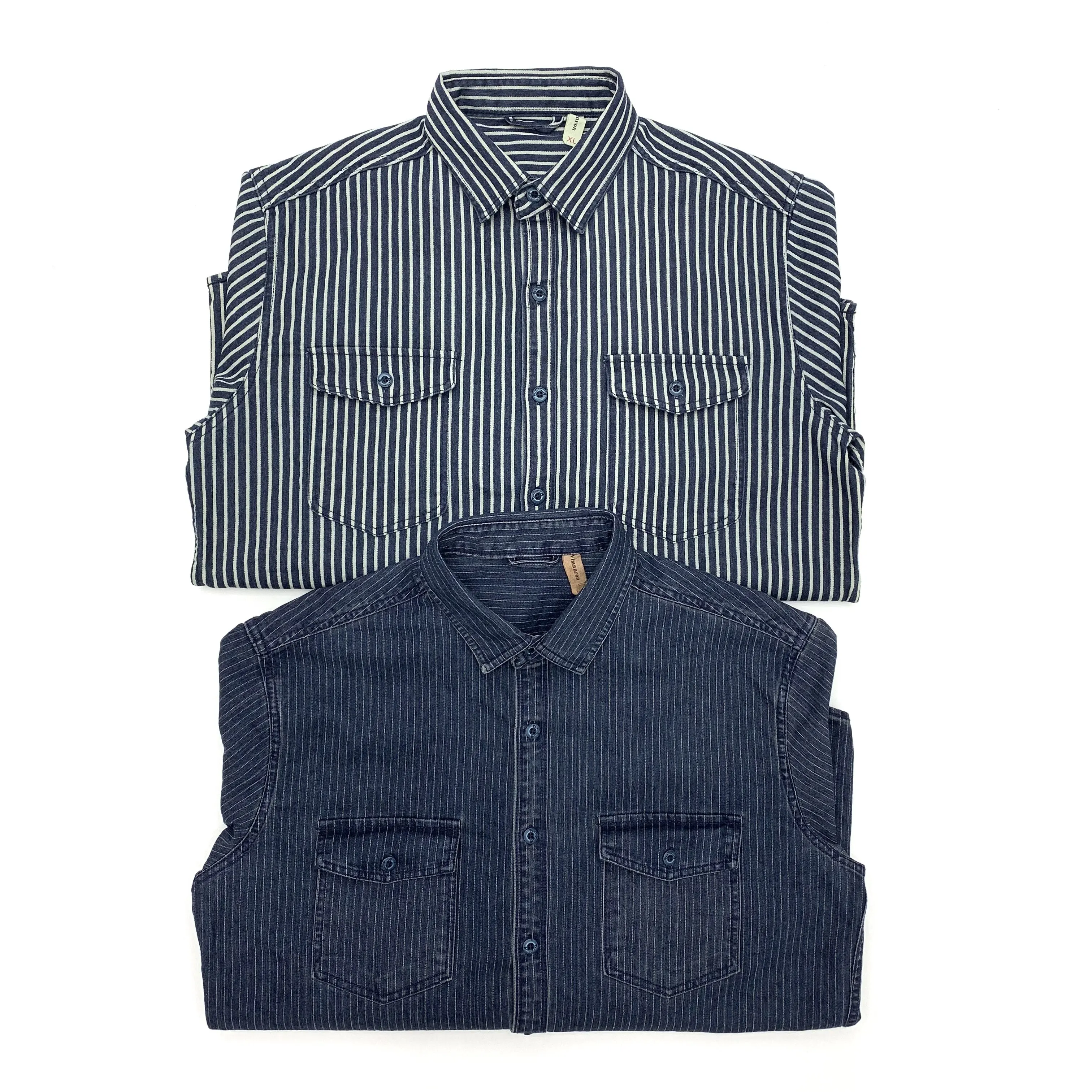 Ami khaki Japanese retro-style work shirt heavyweight pure cotton vertical stripe loose long-sleeved denim shirt