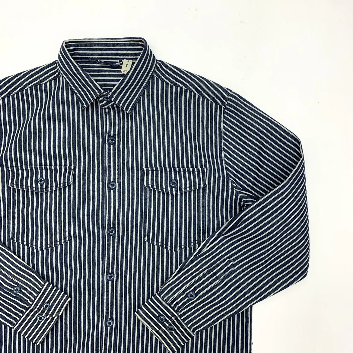 Ami khaki Japanese retro-style work shirt heavyweight pure cotton vertical stripe loose long-sleeved denim shirt