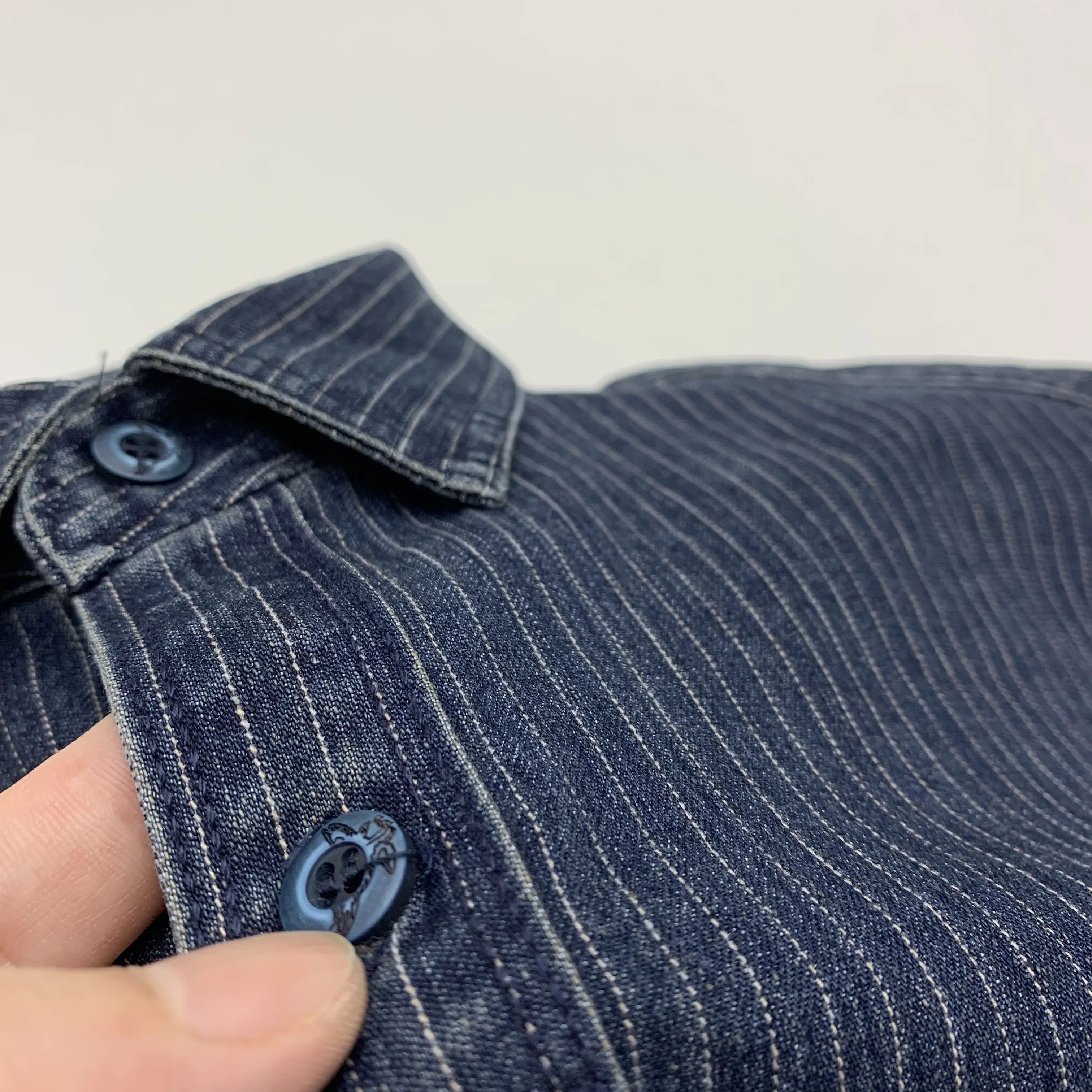 Ami khaki Japanese retro-style work shirt heavyweight pure cotton vertical stripe loose long-sleeved denim shirt