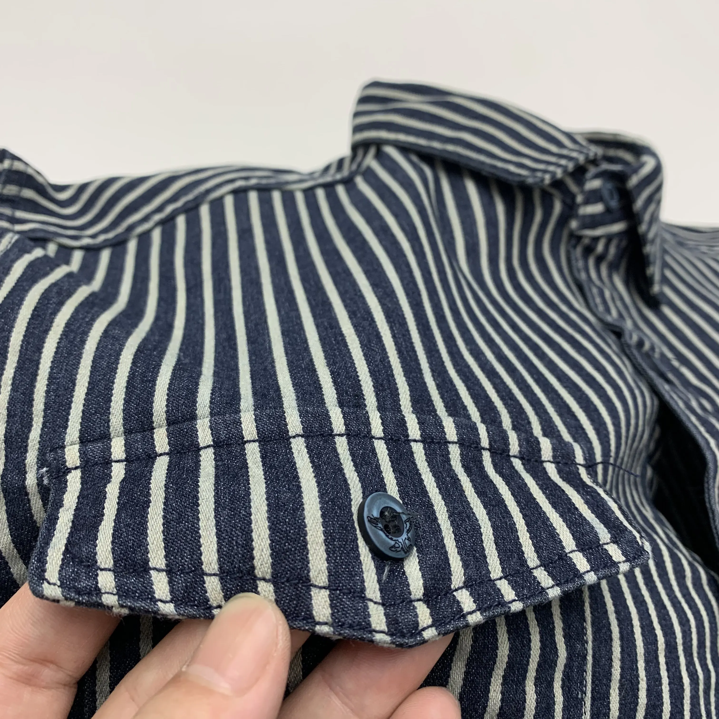 Ami khaki Japanese retro-style work shirt heavyweight pure cotton vertical stripe loose long-sleeved denim shirt
