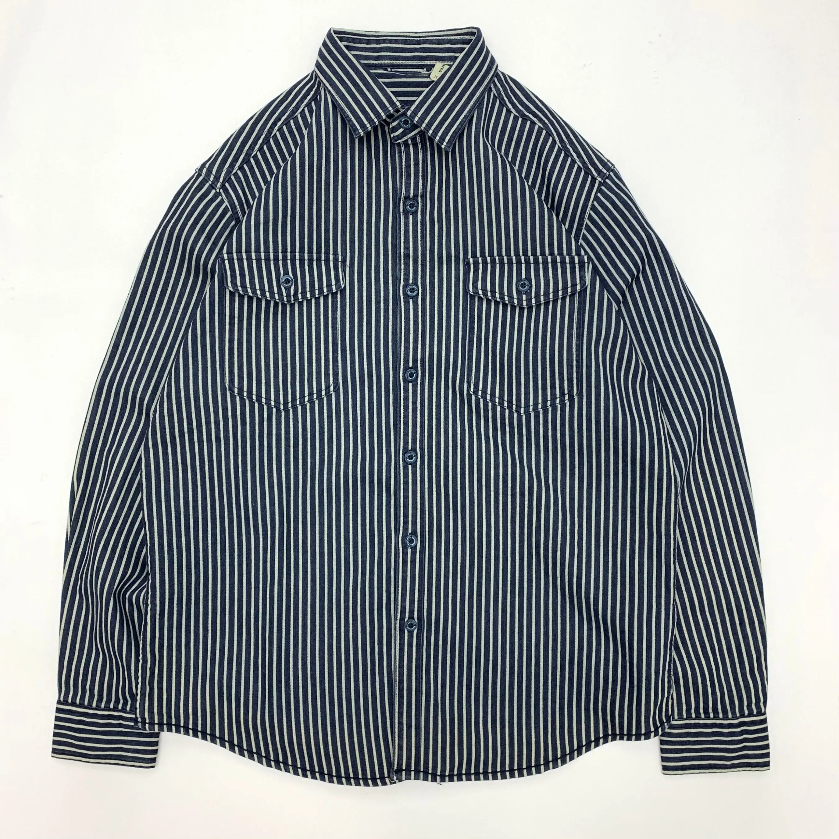 Ami khaki Japanese retro-style work shirt heavyweight pure cotton vertical stripe loose long-sleeved denim shirt