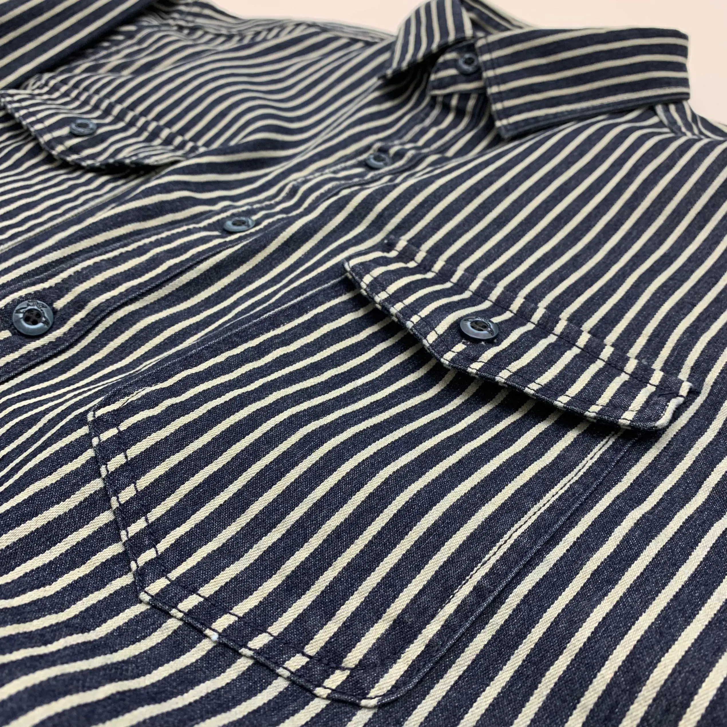 Ami khaki Japanese retro-style work shirt heavyweight pure cotton vertical stripe loose long-sleeved denim shirt