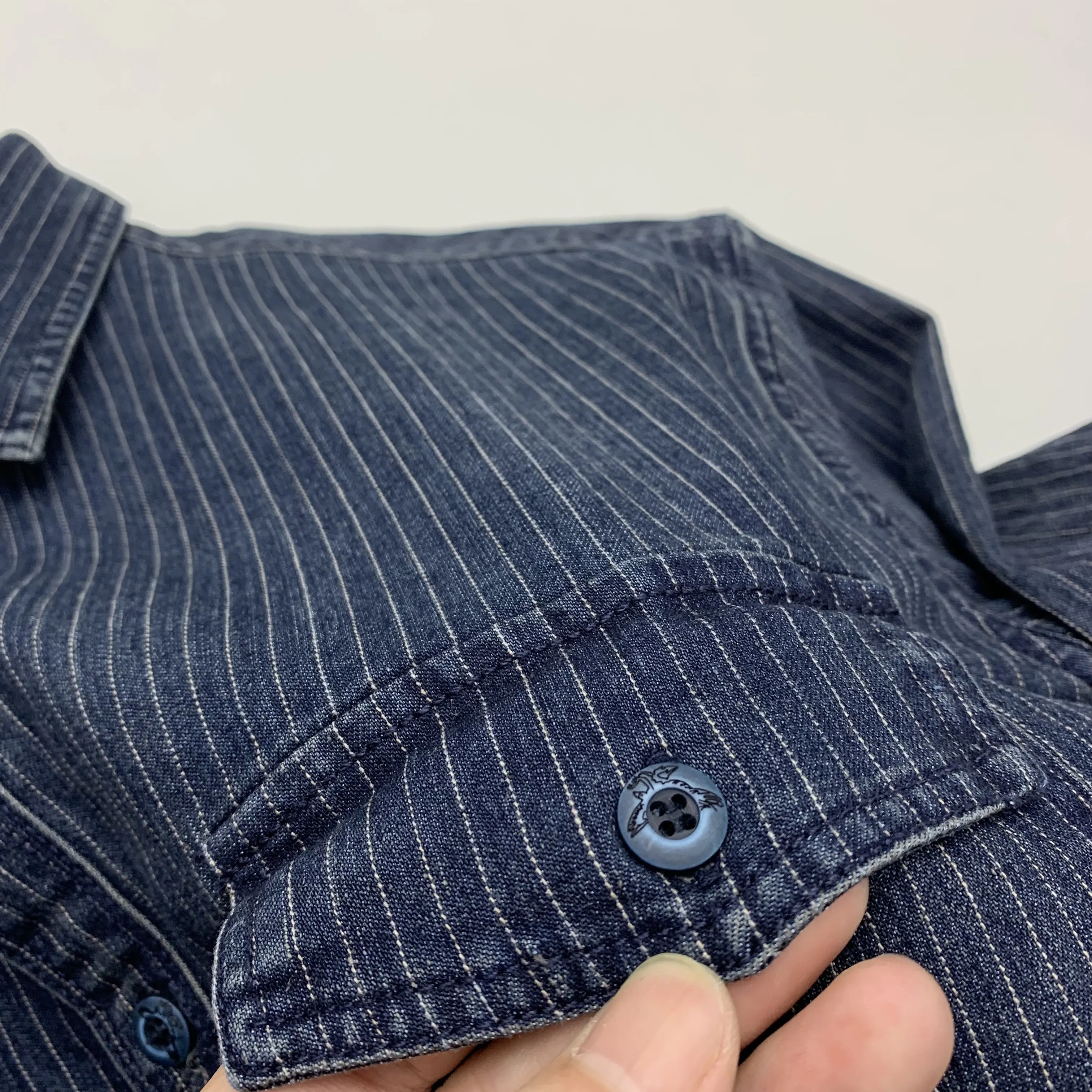 Ami khaki Japanese retro-style work shirt heavyweight pure cotton vertical stripe loose long-sleeved denim shirt