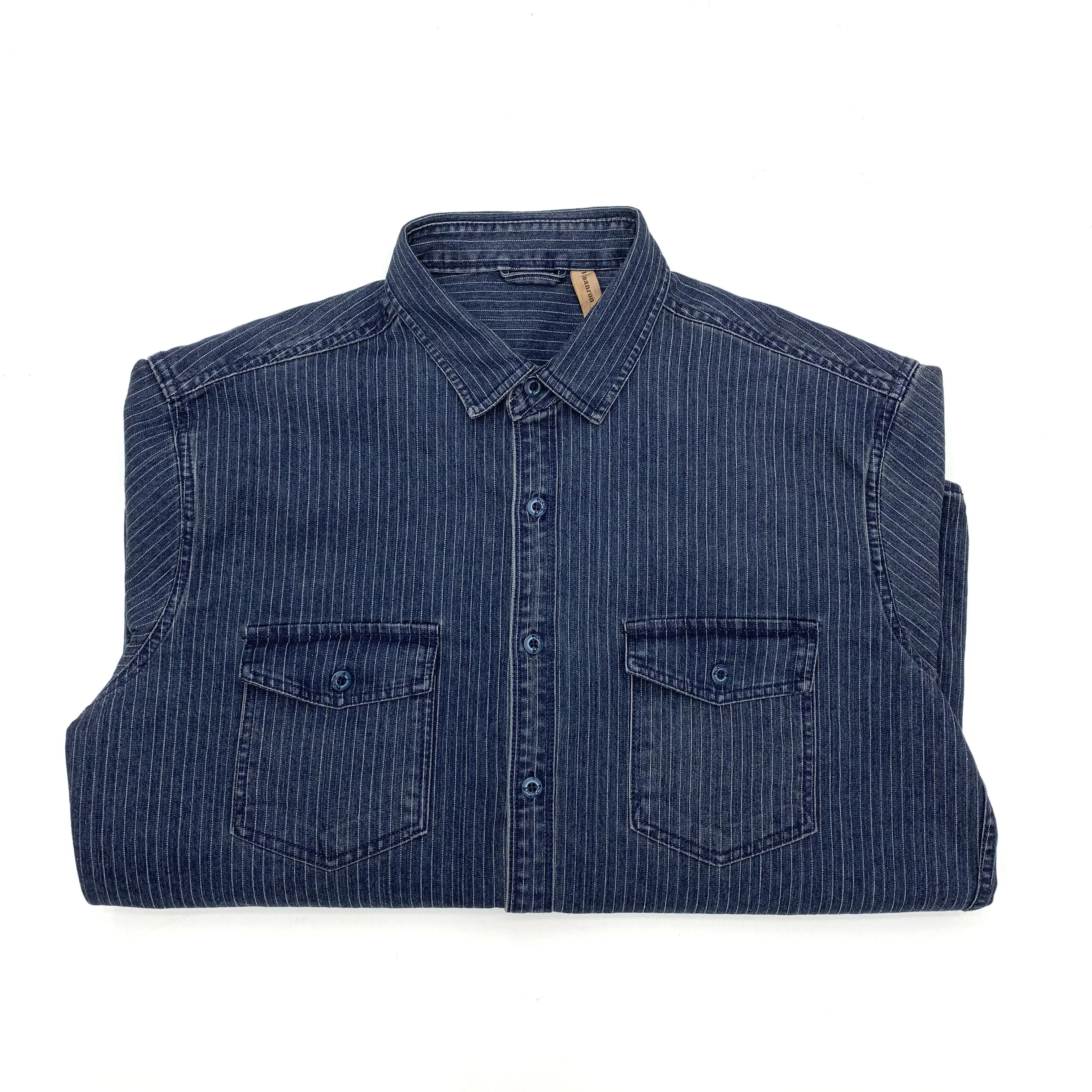 Ami khaki Japanese retro-style work shirt heavyweight pure cotton vertical stripe loose long-sleeved denim shirt