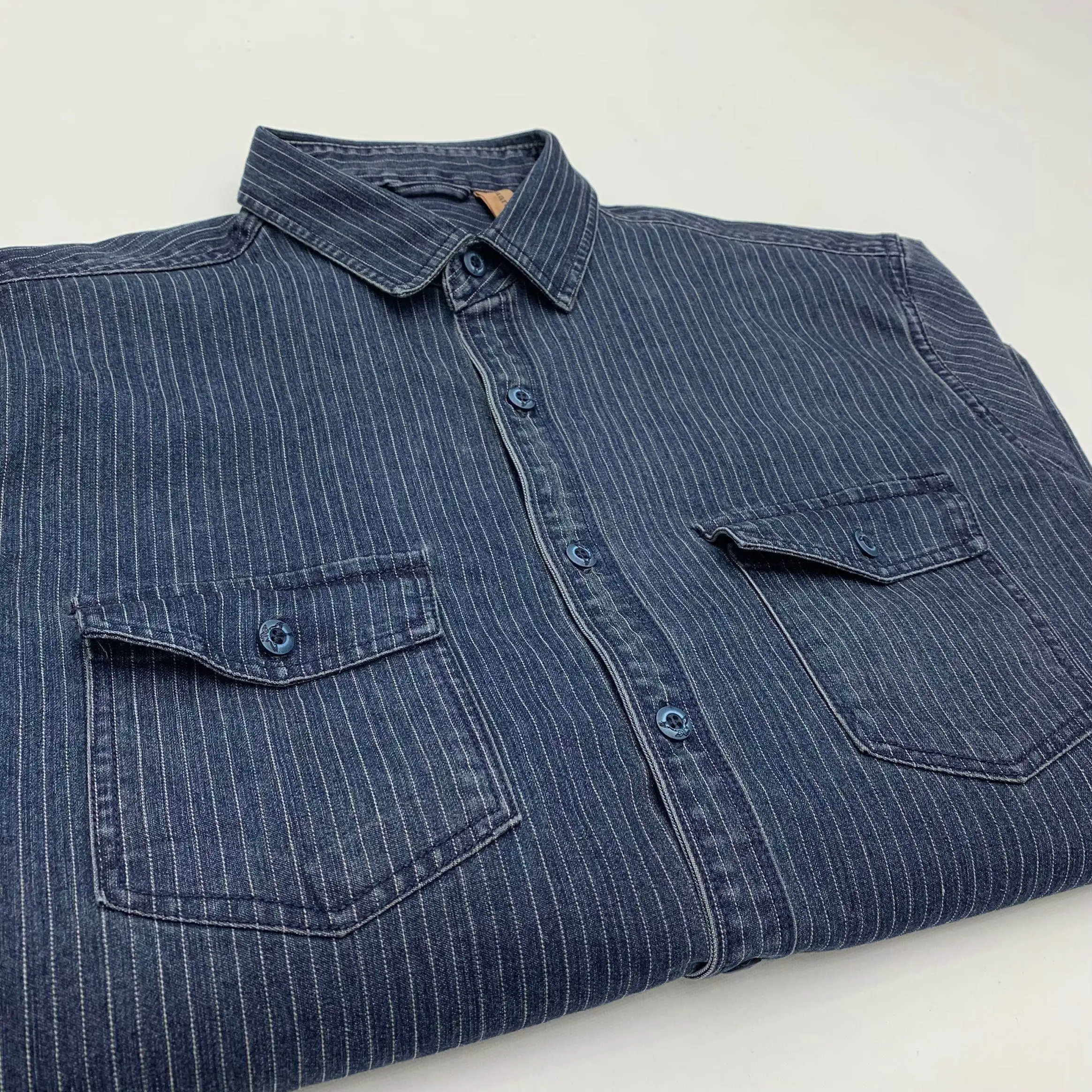 Ami khaki Japanese retro-style work shirt heavyweight pure cotton vertical stripe loose long-sleeved denim shirt