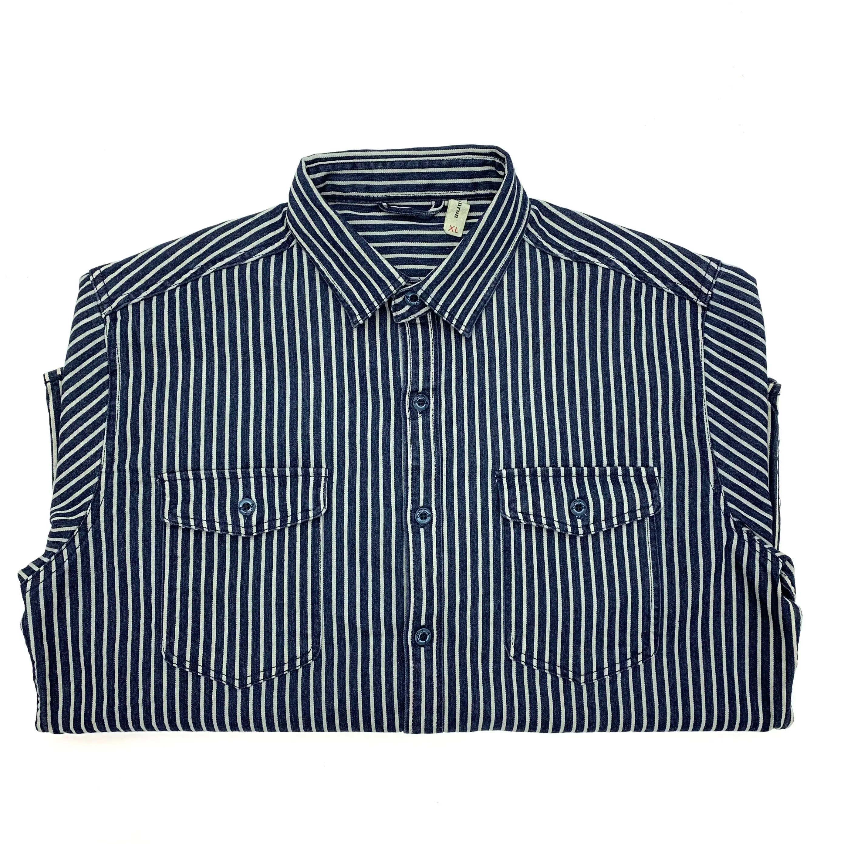Ami khaki Japanese retro-style work shirt heavyweight pure cotton vertical stripe loose long-sleeved denim shirt