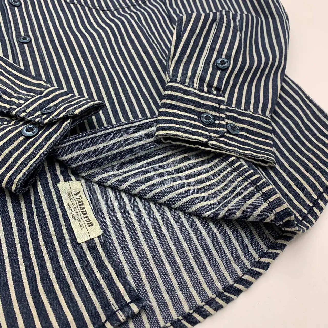 Ami khaki Japanese retro-style work shirt heavyweight pure cotton vertical stripe loose long-sleeved denim shirt