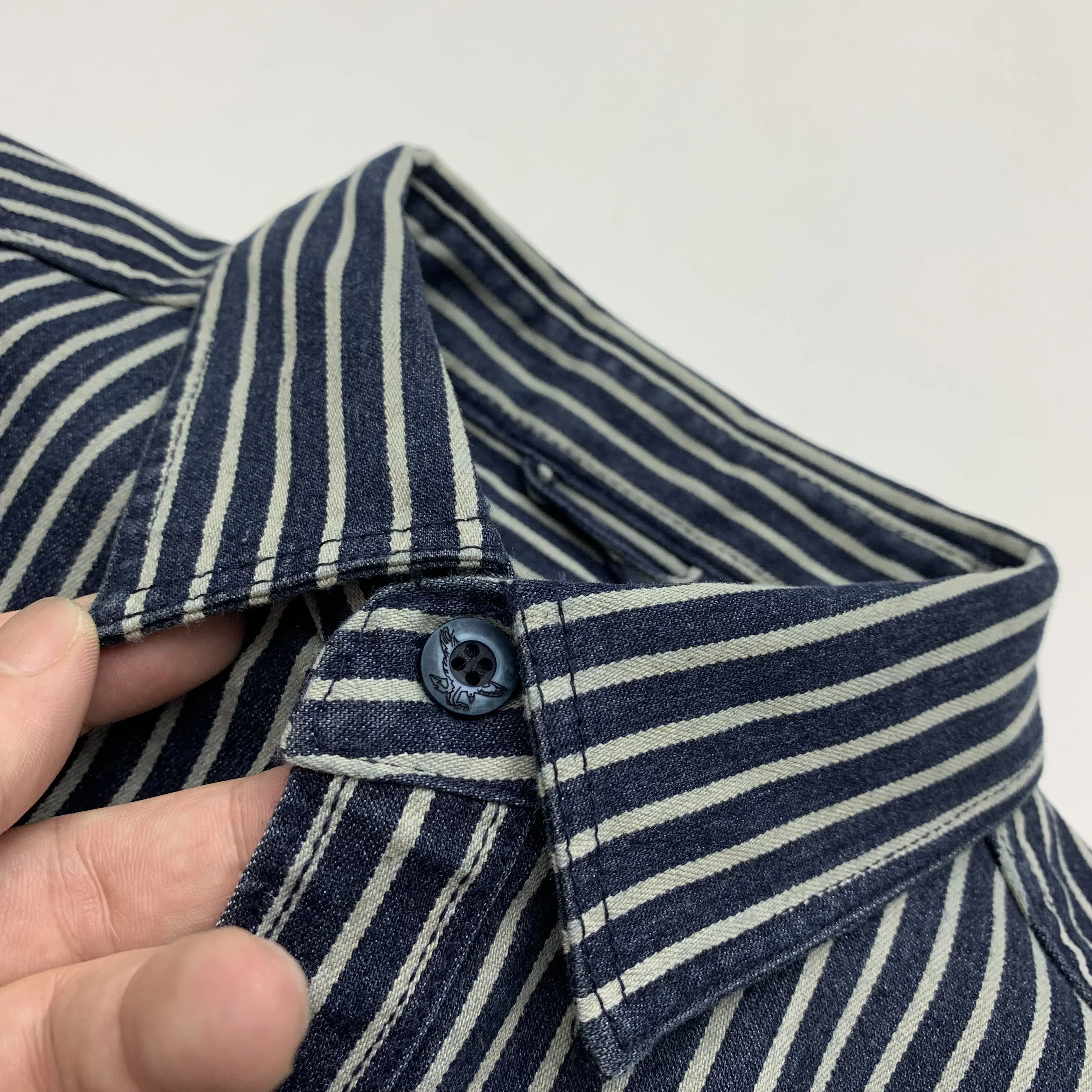 Ami khaki Japanese retro-style work shirt heavyweight pure cotton vertical stripe loose long-sleeved denim shirt