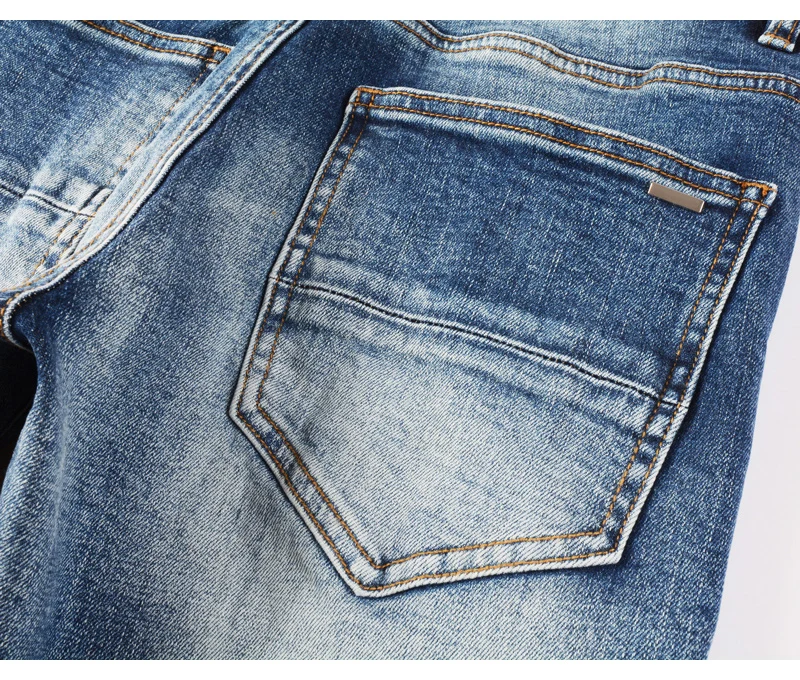 Fashionable New Men's Retro Blue Jeans With Pleated Elastic Perforated Blue Leather Patch Tight Tapered Pants Y2K