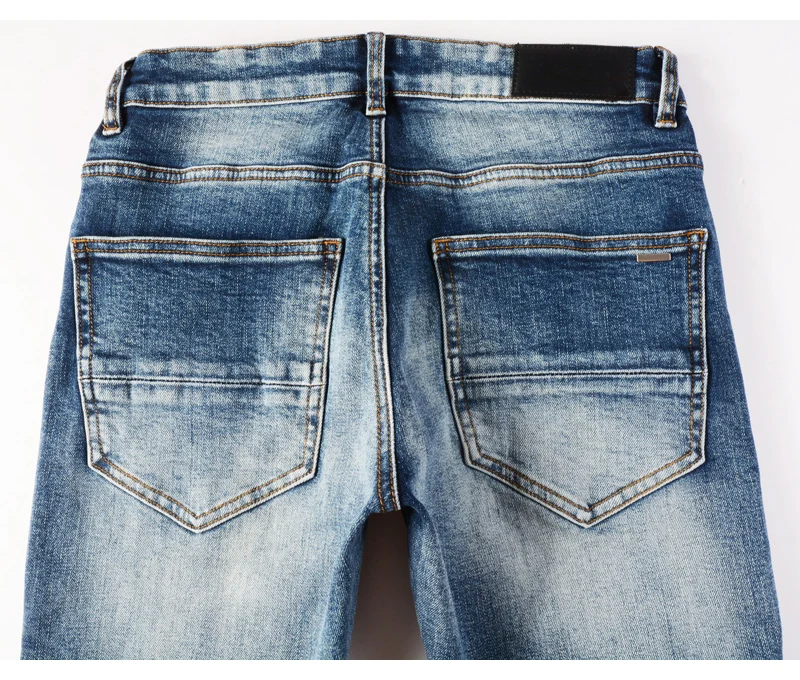 Fashionable New Men's Retro Blue Jeans With Pleated Elastic Perforated Blue Leather Patch Tight Tapered Pants Y2K