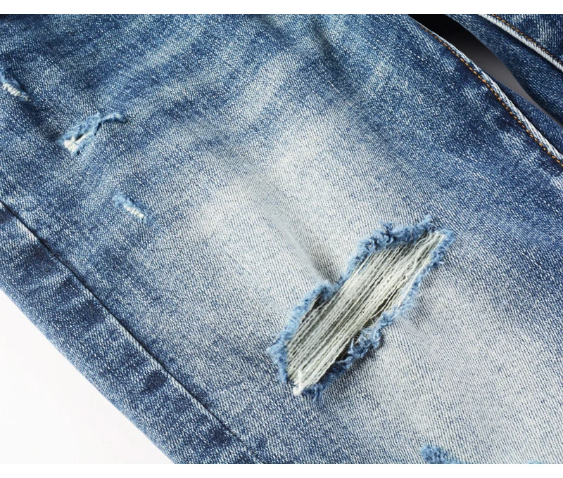 Fashionable New Men's Retro Blue Jeans With Pleated Elastic Perforated Blue Leather Patch Tight Tapered Pants Y2K