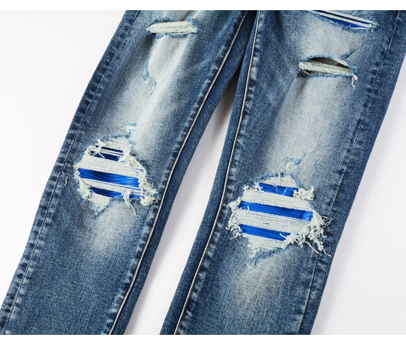 Fashionable New Men's Retro Blue Jeans With Pleated Elastic Perforated Blue Leather Patch Tight Tapered Pants Y2K