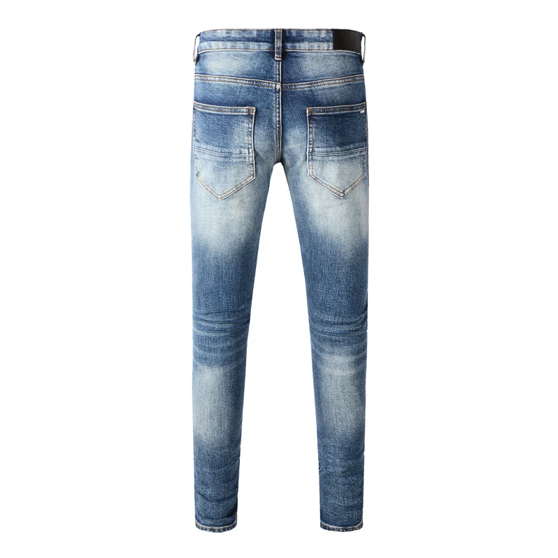 Fashionable New Men's Retro Blue Jeans With Pleated Elastic Perforated Blue Leather Patch Tight Tapered Pants Y2K