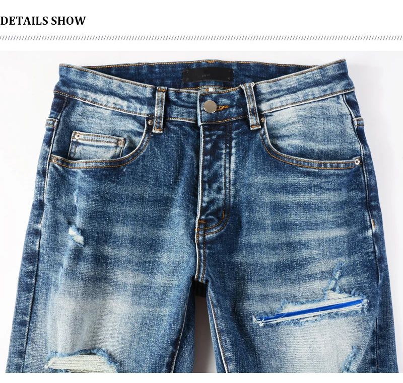 Fashionable New Men's Retro Blue Jeans With Pleated Elastic Perforated Blue Leather Patch Tight Tapered Pants Y2K