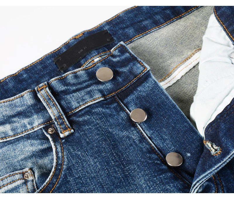 Fashionable New Men's Retro Blue Jeans With Pleated Elastic Perforated Blue Leather Patch Tight Tapered Pants Y2K