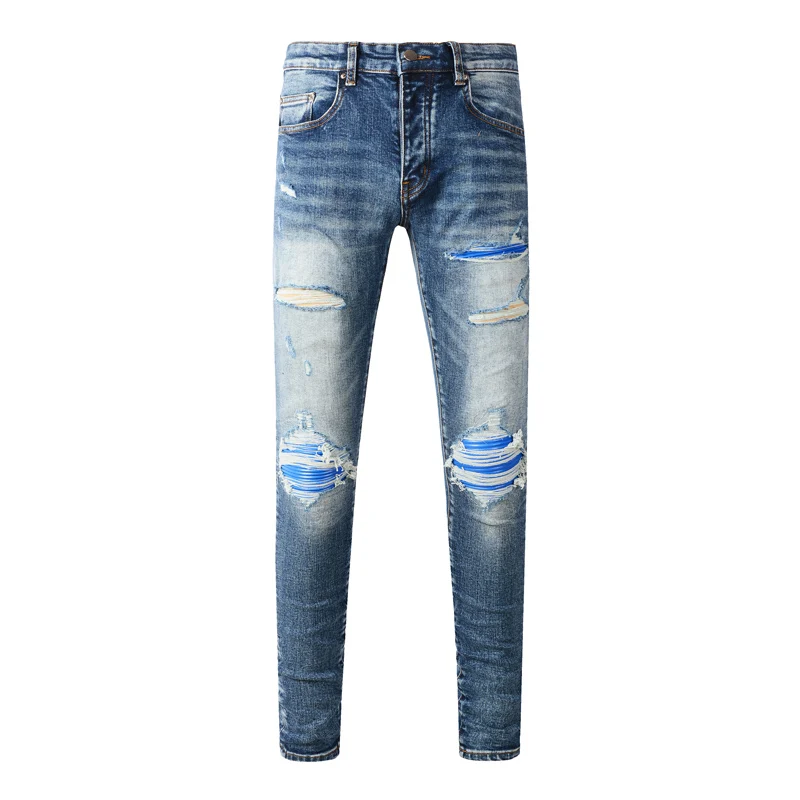 Fashionable New Men's Retro Blue Jeans With Pleated Elastic Perforated Blue Leather Patch Tight Tapered Pants Y2K