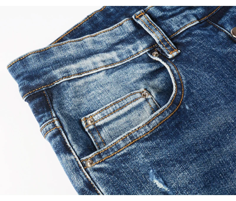 Fashionable New Men's Retro Blue Jeans With Pleated Elastic Perforated Blue Leather Patch Tight Tapered Pants Y2K