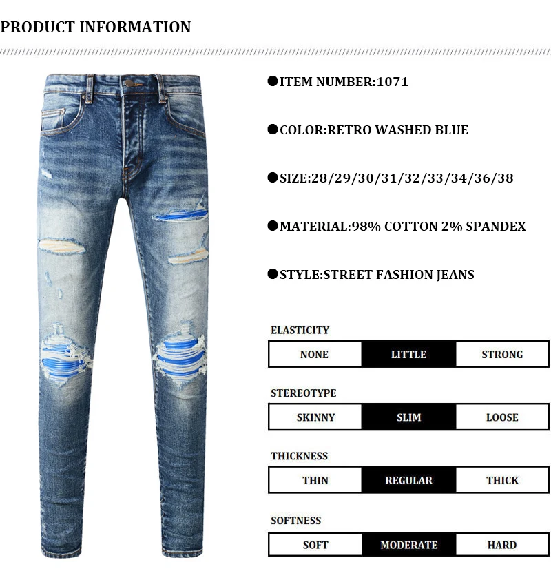 Fashionable New Men's Retro Blue Jeans With Pleated Elastic Perforated Blue Leather Patch Tight Tapered Pants Y2K