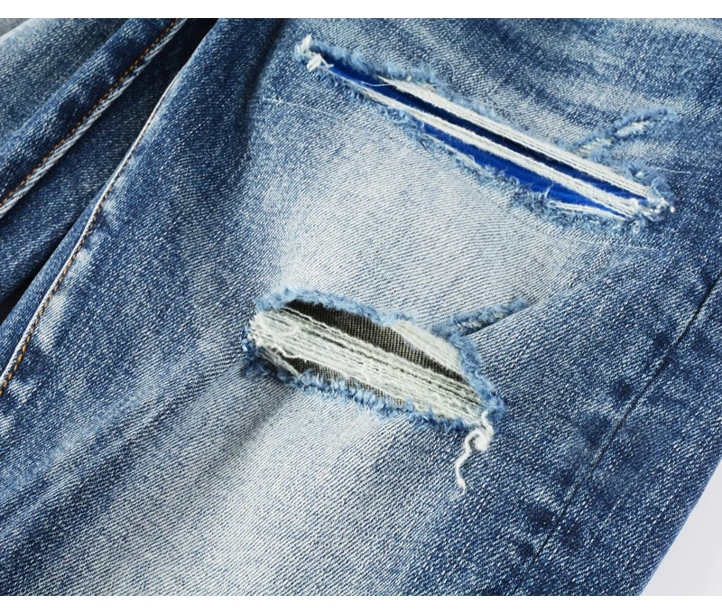 Fashionable New Men's Retro Blue Jeans With Pleated Elastic Perforated Blue Leather Patch Tight Tapered Pants Y2K