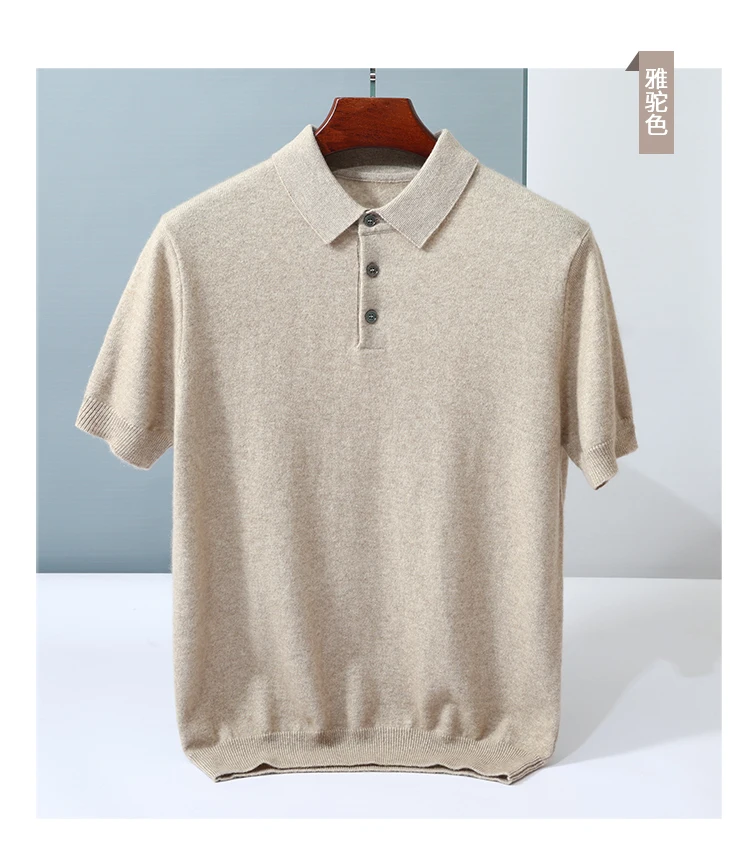 100% Cashmere Short Sleeve Soft Knit Sweater Chic Spring Summer Men's POLO-Neck Pullover Basic Smart Casual Pullover Solid Tops