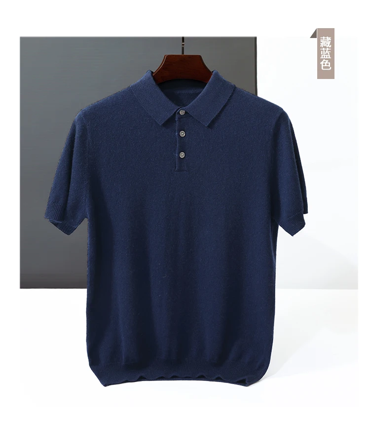 100% Cashmere Short Sleeve Soft Knit Sweater Chic Spring Summer Men's POLO-Neck Pullover Basic Smart Casual Pullover Solid Tops