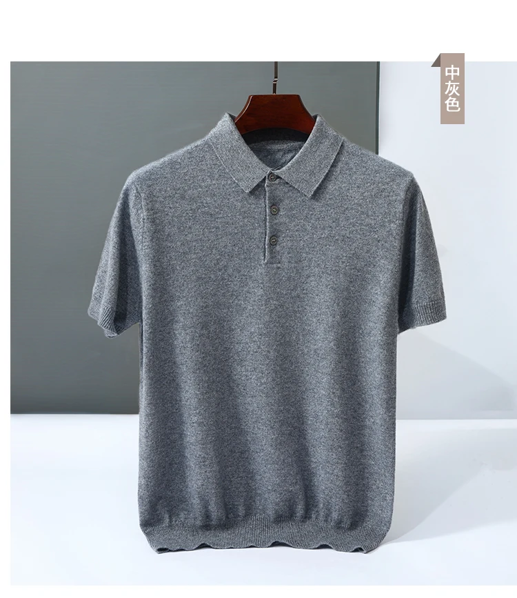 100% Cashmere Short Sleeve Soft Knit Sweater Chic Spring Summer Men's POLO-Neck Pullover Basic Smart Casual Pullover Solid Tops