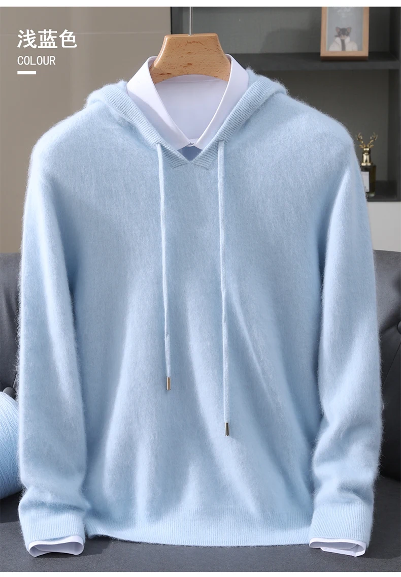 Men's Light Luxury Hooded Pullover Sweater 100% Pure Mink Cashmere Knitted Comfortable Soft Winter Jacket in Various Colors 