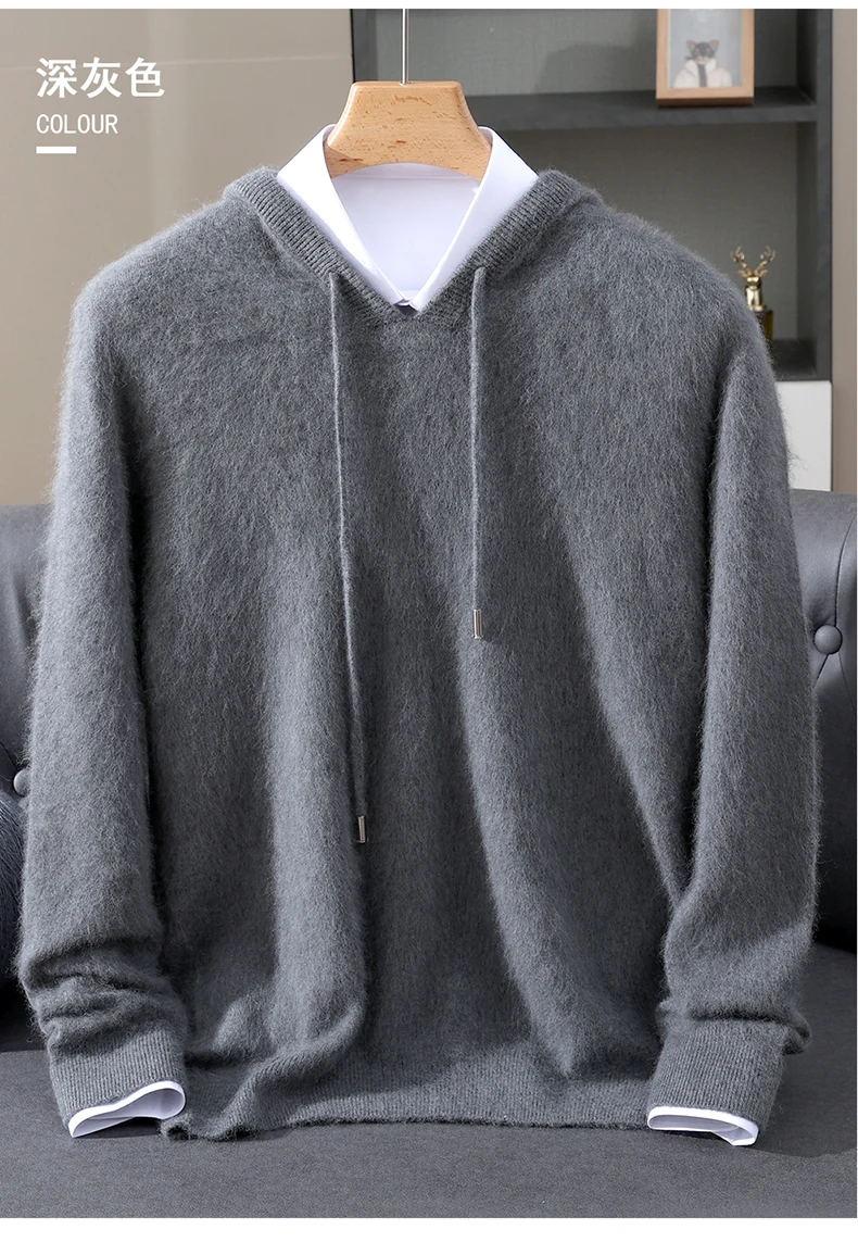 Men's Light Luxury Hooded Pullover Sweater 100% Pure Mink Cashmere Knitted Comfortable Soft Winter Jacket in Various Colors 
