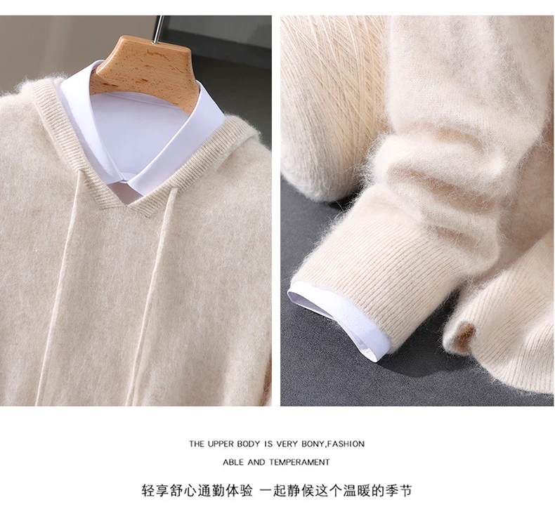Men's Light Luxury Hooded Pullover Sweater 100% Pure Mink Cashmere Knitted Comfortable Soft Winter Jacket in Various Colors 
