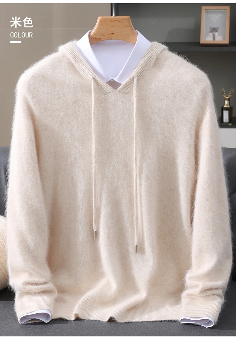 Men's Light Luxury Hooded Pullover Sweater 100% Pure Mink Cashmere Knitted Comfortable Soft Winter Jacket in Various Colors 