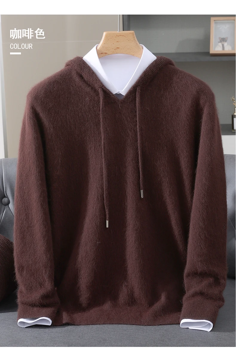 Men's Light Luxury Hooded Pullover Sweater 100% Pure Mink Cashmere Knitted Comfortable Soft Winter Jacket in Various Colors 