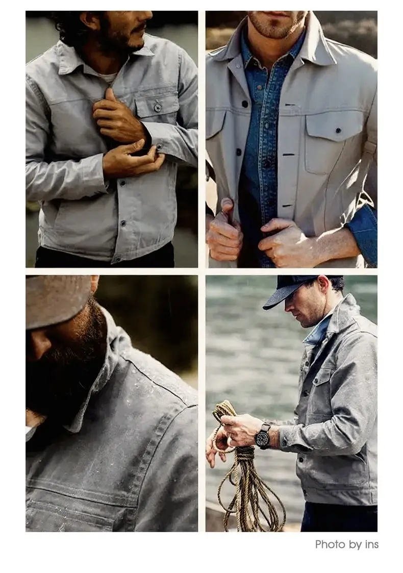 Maden Men's Vintage Oil Waxed Jacket V Waterproof Hunting Coat Double Pleats Grey Canvas Outwear with Patch Pockets for Autumn