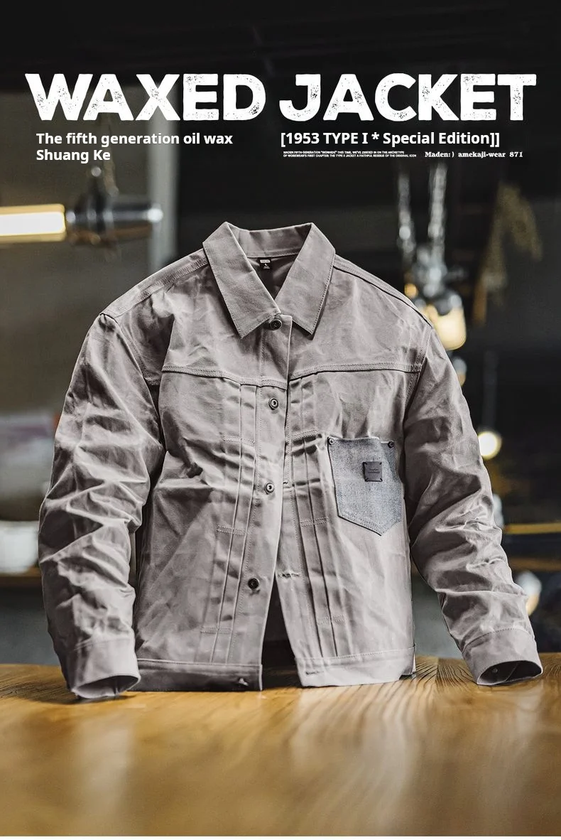 Maden Men's Vintage Oil Waxed Jacket V Waterproof Hunting Coat Double Pleats Grey Canvas Outwear with Patch Pockets for Autumn