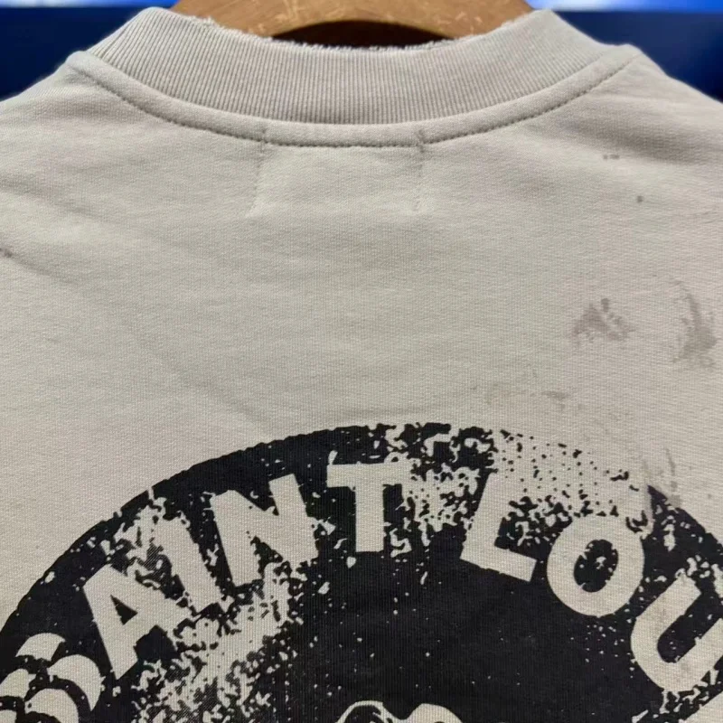 Mens Vintage Distressed Sweatshirt Saint Boxy Raw Cropped Hem Sleeve Sketch Print Top