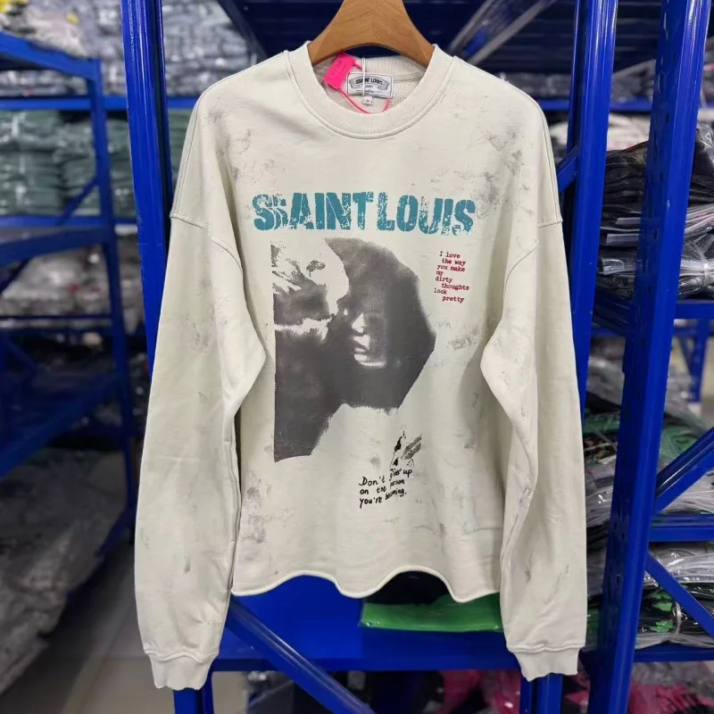Mens Vintage Distressed Sweatshirt Saint Boxy Raw Cropped Hem Sleeve Sketch Print Top